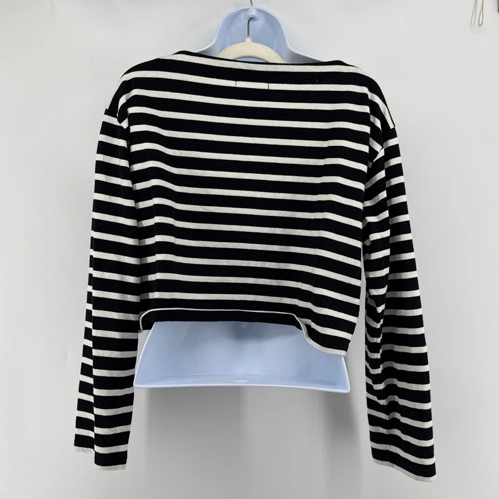 J.Crew Black White Striped Cropped Boatneck Mariner Cotton Tee Top Small Coastal